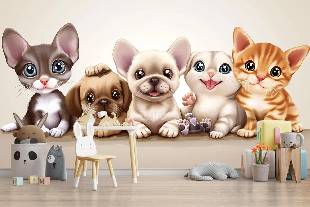 Cartoon Puppy and Kitten Wall Mural – Neutral Animal Nursery Wallpaper – Peel and Stick or Non-Woven Cute Baby Room Decor