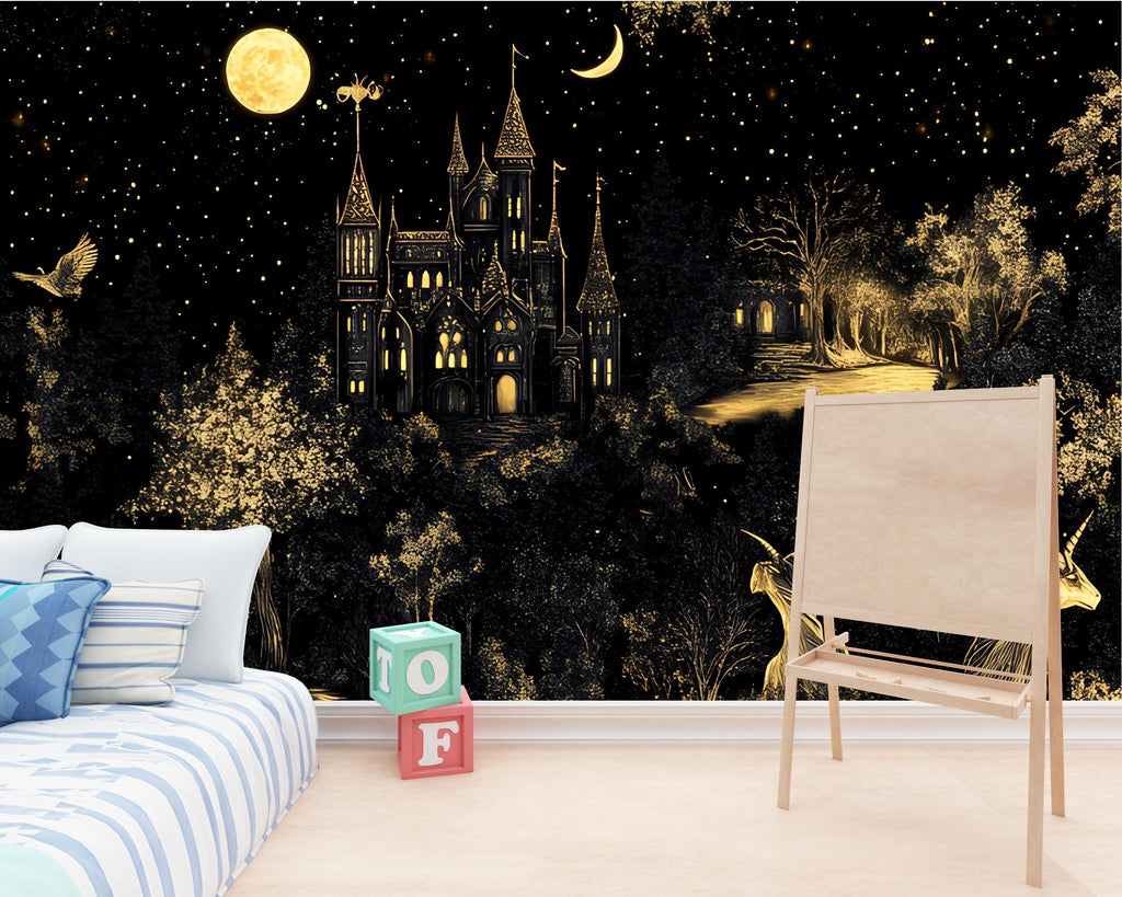 Mythical Unicorn Medieval Wallpaper, Dark Castle Botanical Wallpaper Secret Garden at Night, Whimsical Wallpaper Gold and Black wallpaper