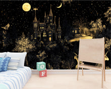 Load image into Gallery viewer, Mythical Unicorn Medieval Wallpaper, Dark Castle Botanical Wallpaper Secret Garden at Night, Whimsical Wallpaper Gold and Black wallpaper