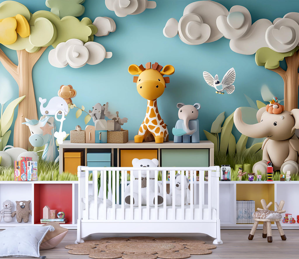 3D Jungle Safari Animal Wall Mural – Kids Room Safari Wallpaper with Giraffe Elephant Lion – Peel and Stick or Non-Woven Option