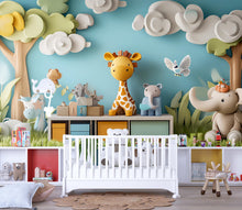 Load image into Gallery viewer, 3D Jungle Safari Animal Wall Mural – Kids Room Safari Wallpaper with Giraffe Elephant Lion – Peel and Stick or Non-Woven Option