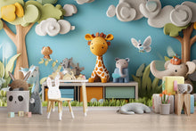 Load image into Gallery viewer, 3D Jungle Safari Animal Wall Mural – Kids Room Safari Wallpaper with Giraffe Elephant Lion – Peel and Stick or Non-Woven Option