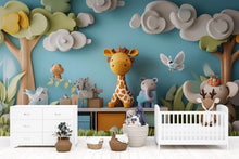 Load image into Gallery viewer, 3D Jungle Safari Animal Wall Mural – Kids Room Safari Wallpaper with Giraffe Elephant Lion – Peel and Stick or Non-Woven Option