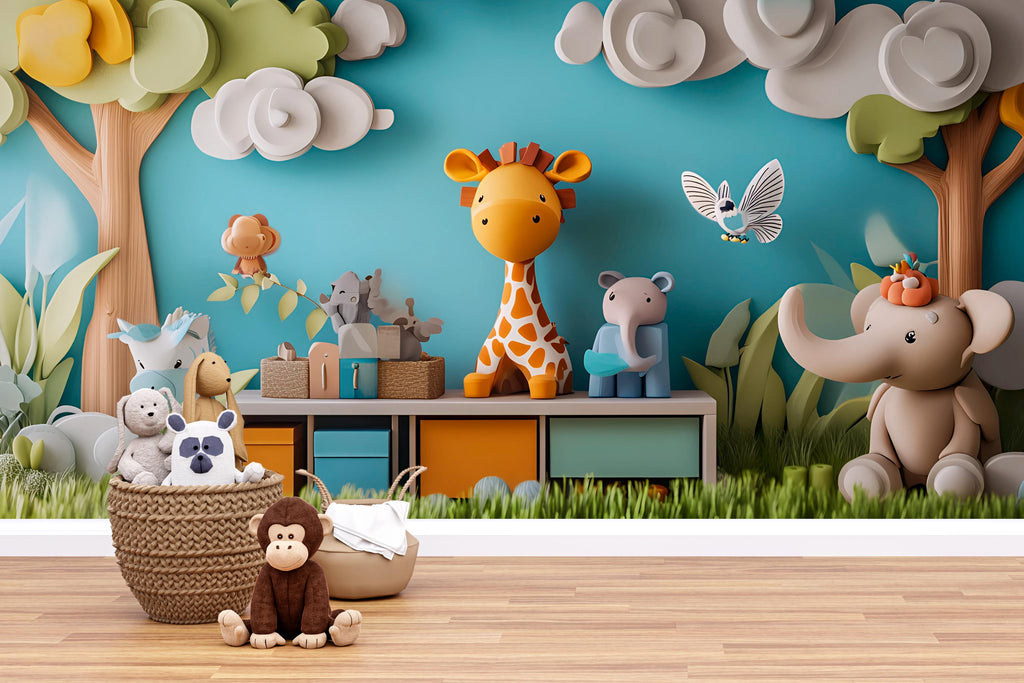 3D Jungle Safari Animal Wall Mural – Kids Room Safari Wallpaper with Giraffe Elephant Lion – Peel and Stick or Non-Woven Option