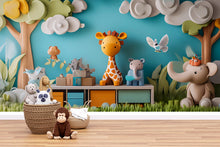 Load image into Gallery viewer, 3D Jungle Safari Animal Wall Mural – Kids Room Safari Wallpaper with Giraffe Elephant Lion – Peel and Stick or Non-Woven Option