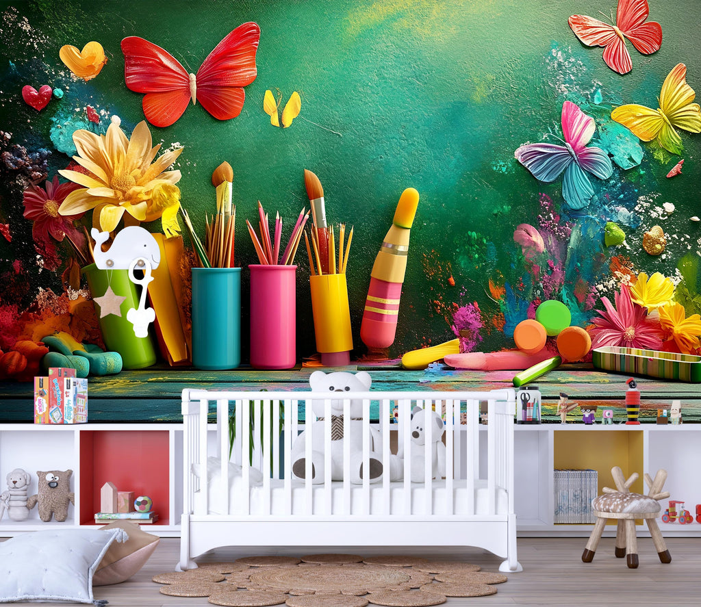 3D Colorful Art Studio Wall Mural – Kids Art Room Decor, Painting Theme Wall Sticker, Classroom Art Wall, Bright Peel and Stick Mural