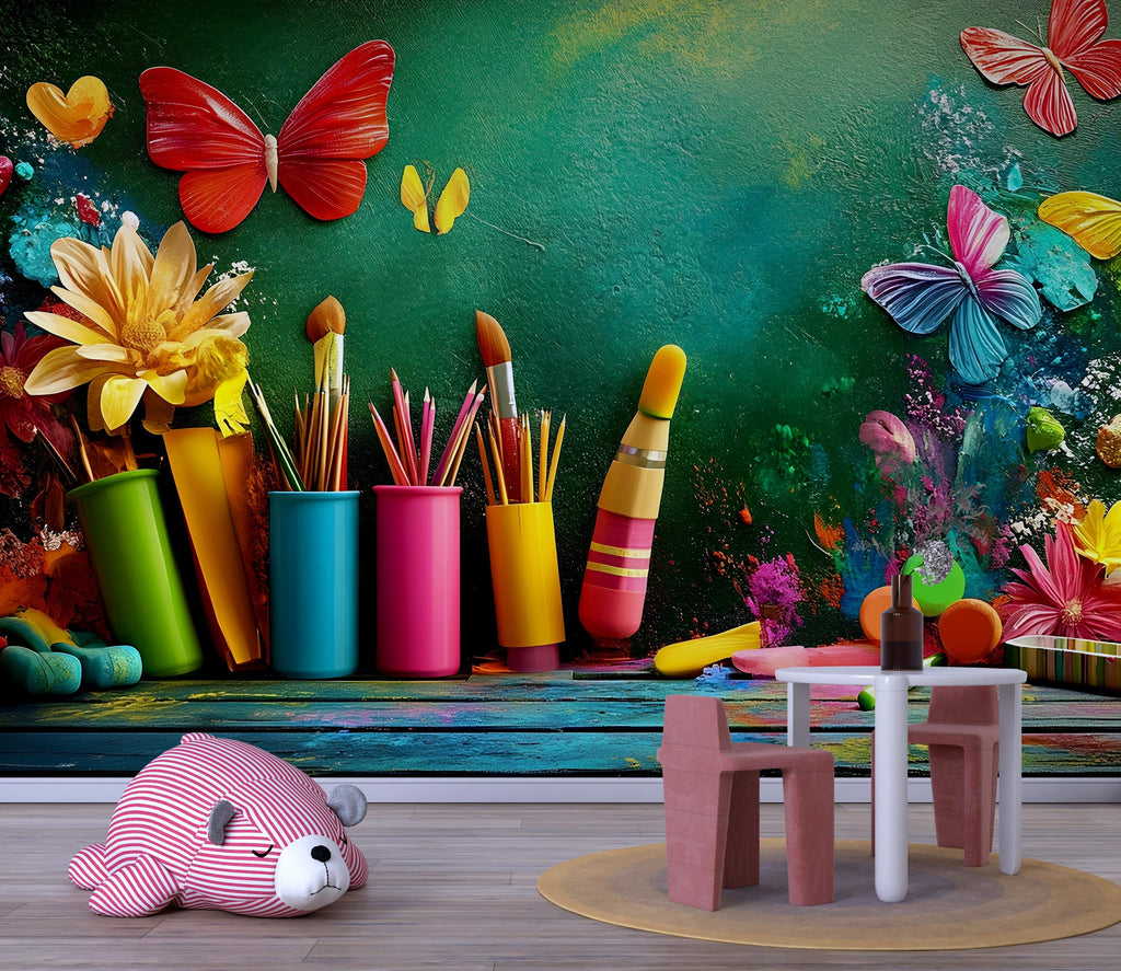 3D Colorful Art Studio Wall Mural – Kids Art Room Decor, Painting Theme Wall Sticker, Classroom Art Wall, Bright Peel and Stick Mural