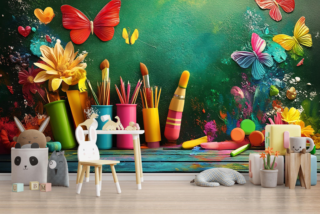 3D Colorful Art Studio Wall Mural – Kids Art Room Decor, Painting Theme Wall Sticker, Classroom Art Wall, Bright Peel and Stick Mural