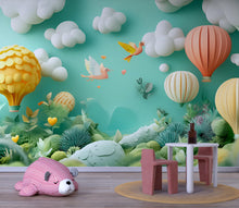 Load image into Gallery viewer, 3D Hot Air Balloon Wall Mural for Nursery – Peel and Stick Kids Room Wallpaper – Pastel Baby Room Decor – Playroom Jungle Landscape Decal