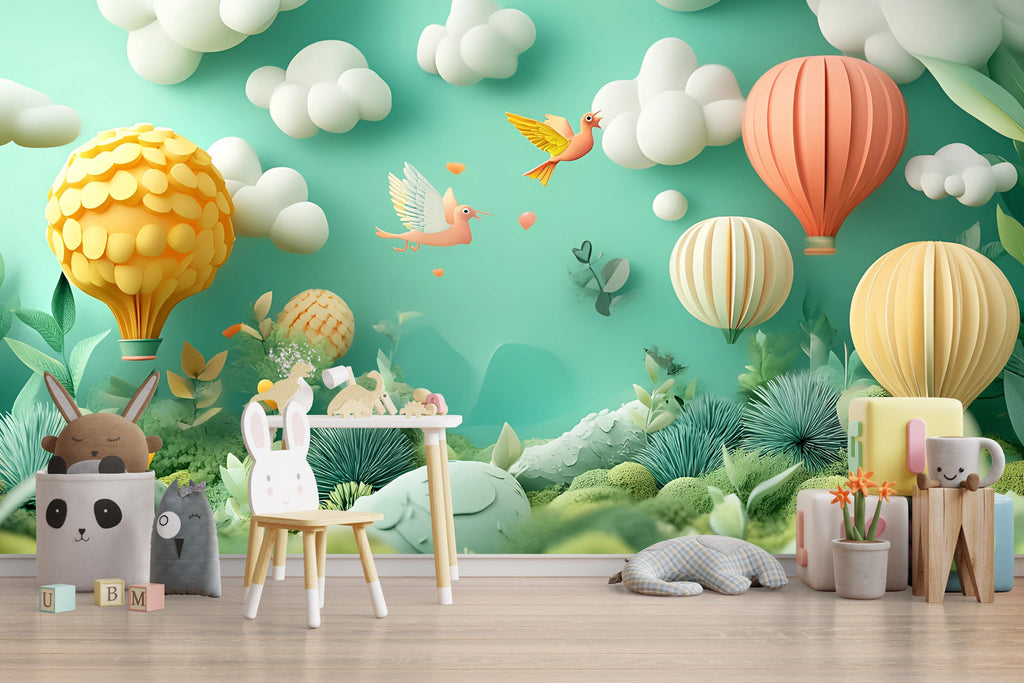 3D Hot Air Balloon Wall Mural for Nursery – Peel and Stick Kids Room Wallpaper – Pastel Baby Room Decor – Playroom Jungle Landscape Decal