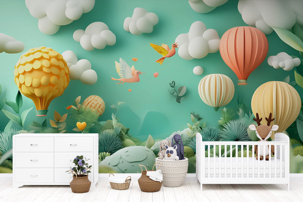 3D Hot Air Balloon Wall Mural for Nursery – Peel and Stick Kids Room Wallpaper – Pastel Baby Room Decor – Playroom Jungle Landscape Decal