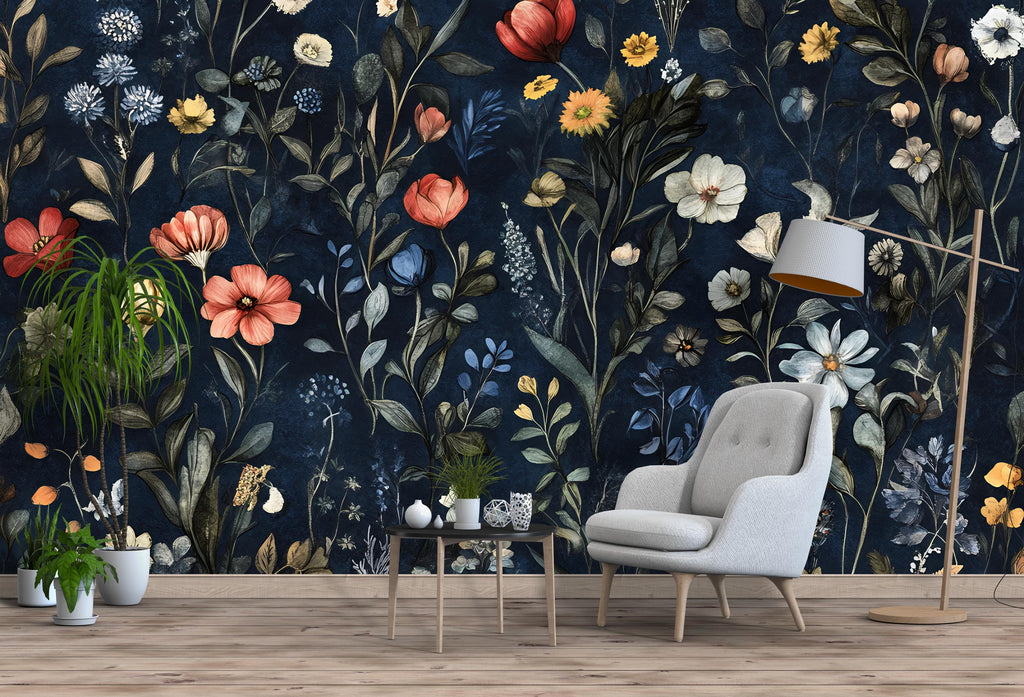 Dark Whimsical Wallpaper – Secret Garden Peel and Stick, Magical Forest Mural, Medieval Botanical Design