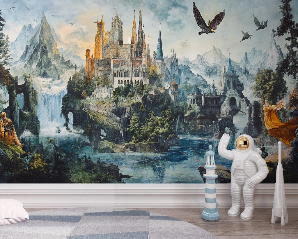 Whimsical Wallpaper – Secret Castle Peel & Stick, Magical Forest Mural, Medieval Fantasy Castle, Magical Forest Wallpaper, Medieval Forest