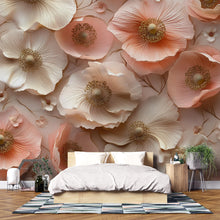 Load image into Gallery viewer, 3D Floral Wall Mural for Bedroom – Elegant Beige &amp; Blush Poppies – Romantic Flower Wallpaper – Peel and Stick or Non-Woven