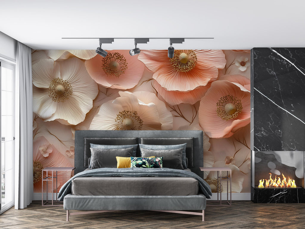3D Floral Wall Mural for Bedroom – Elegant Beige & Blush Poppies – Romantic Flower Wallpaper – Peel and Stick or Non-Woven