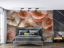 Load image into Gallery viewer, 3D Floral Wall Mural for Bedroom – Elegant Beige &amp; Blush Poppies – Romantic Flower Wallpaper – Peel and Stick or Non-Woven