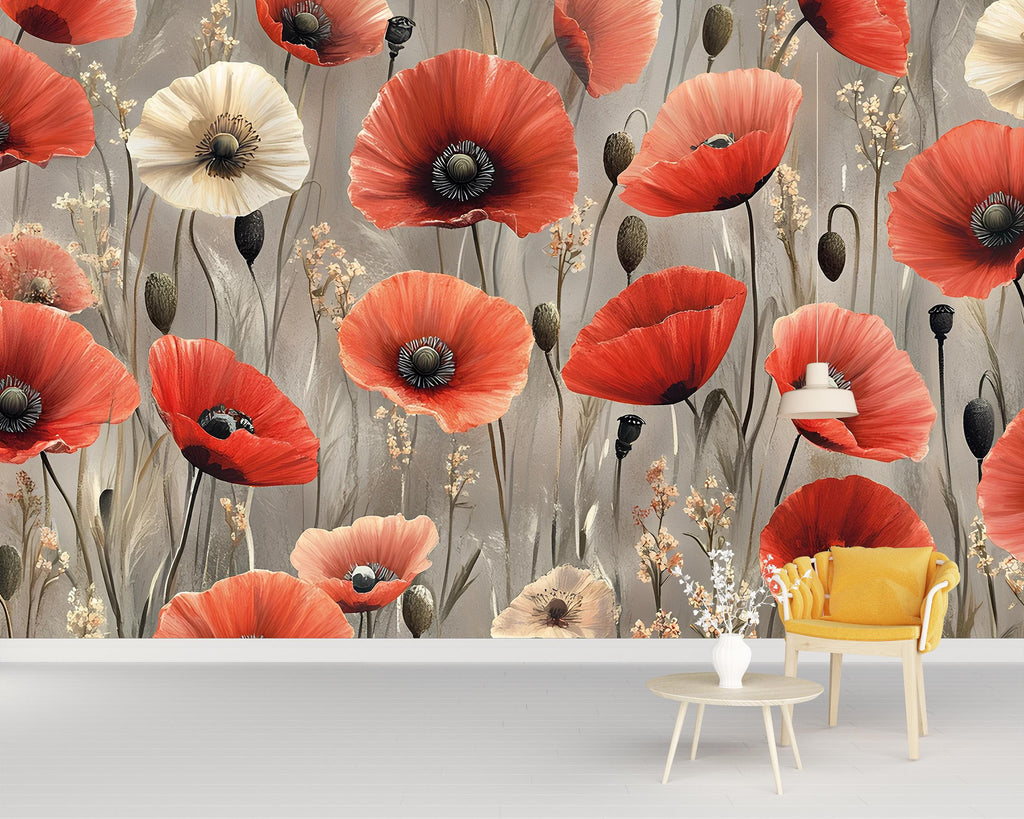 Red Poppy Floral Wall Mural – Vintage Botanical Wallpaper – Elegant Large Flower Peel and Stick or Non-Woven Mural for Bedroom Decor