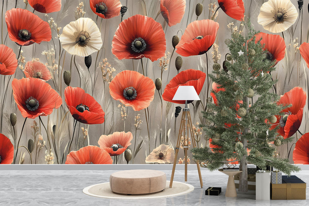 Red Poppy Floral Wall Mural – Vintage Botanical Wallpaper – Elegant Large Flower Peel and Stick or Non-Woven Mural for Bedroom Decor