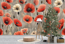 Load image into Gallery viewer, Red Poppy Floral Wall Mural – Vintage Botanical Wallpaper – Elegant Large Flower Peel and Stick or Non-Woven Mural for Bedroom Decor