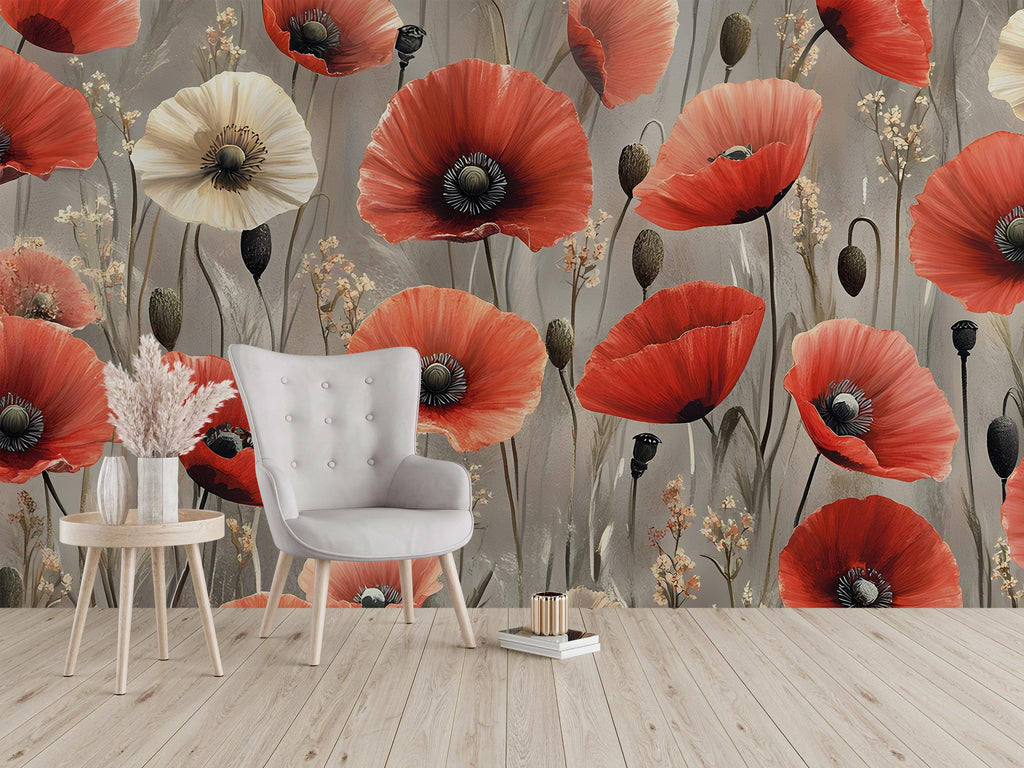 Red Poppy Floral Wall Mural – Vintage Botanical Wallpaper – Elegant Large Flower Peel and Stick or Non-Woven Mural for Bedroom Decor
