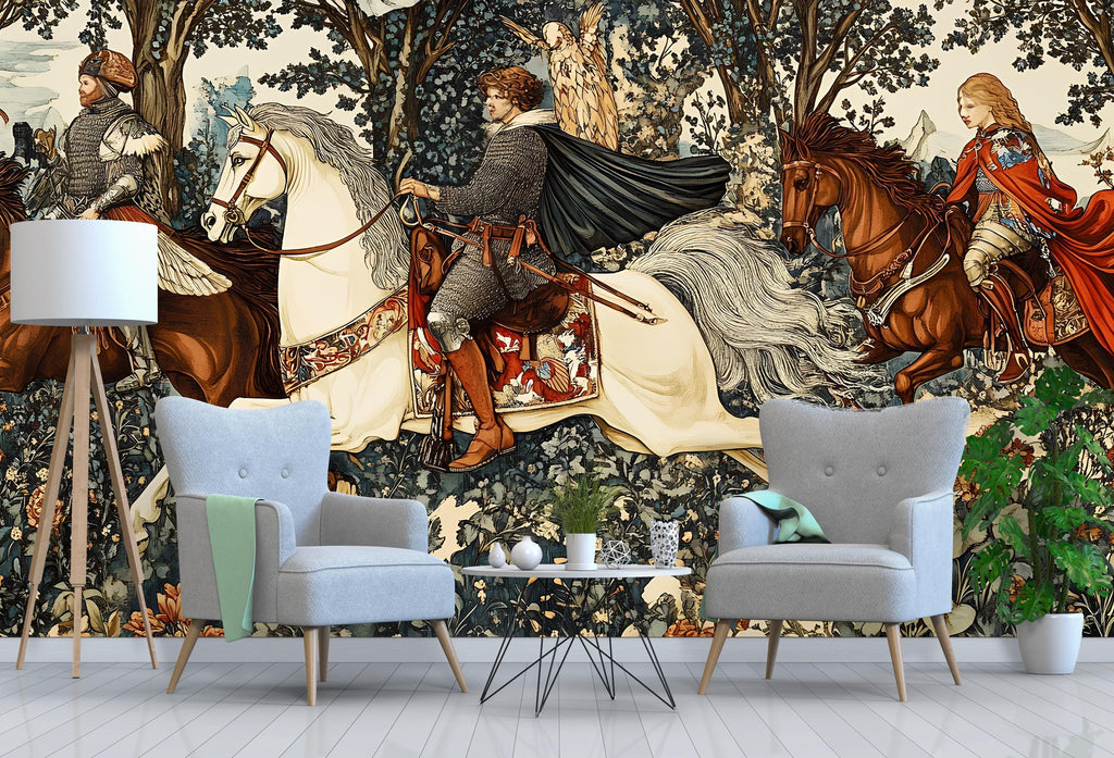 Whimsical Hunting Wallpaper – Hunting Peel & Stick, Magical Hunting Mural, Medieval Fantasy Hunting, Medieval Hunting Wallpaper