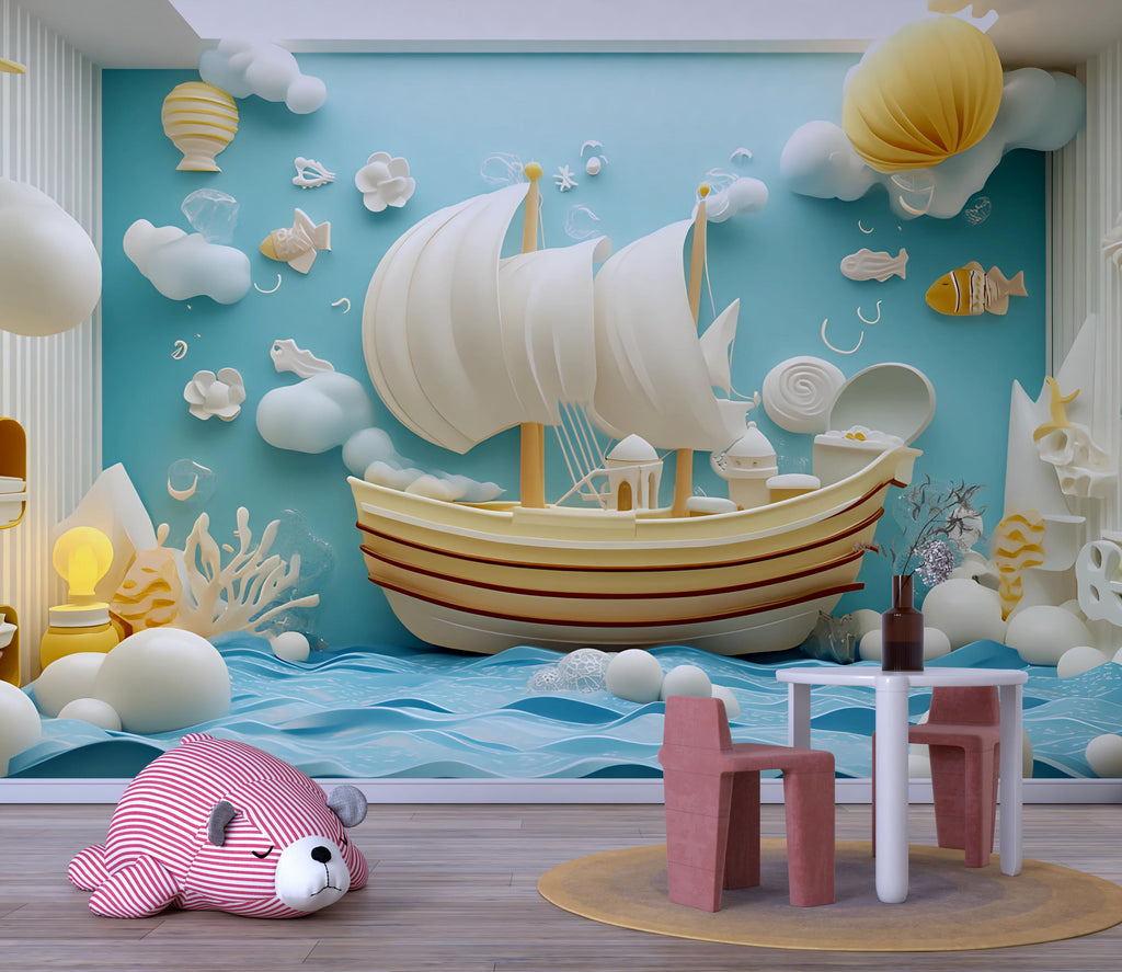 Nautical Sailboat Wall Mural – 3D Paper Style Kids Wallpaper – Peel and Stick or Non-Woven Ocean Theme Nursery Decor