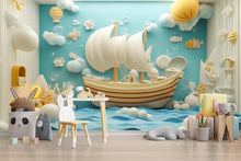 Load image into Gallery viewer, Nautical Sailboat Wall Mural – 3D Paper Style Kids Wallpaper – Peel and Stick or Non-Woven Ocean Theme Nursery Decor