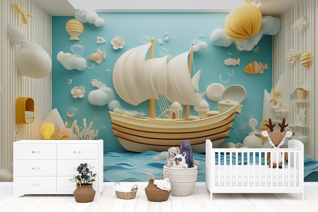 Nautical Sailboat Wall Mural – 3D Paper Style Kids Wallpaper – Peel and Stick or Non-Woven Ocean Theme Nursery Decor