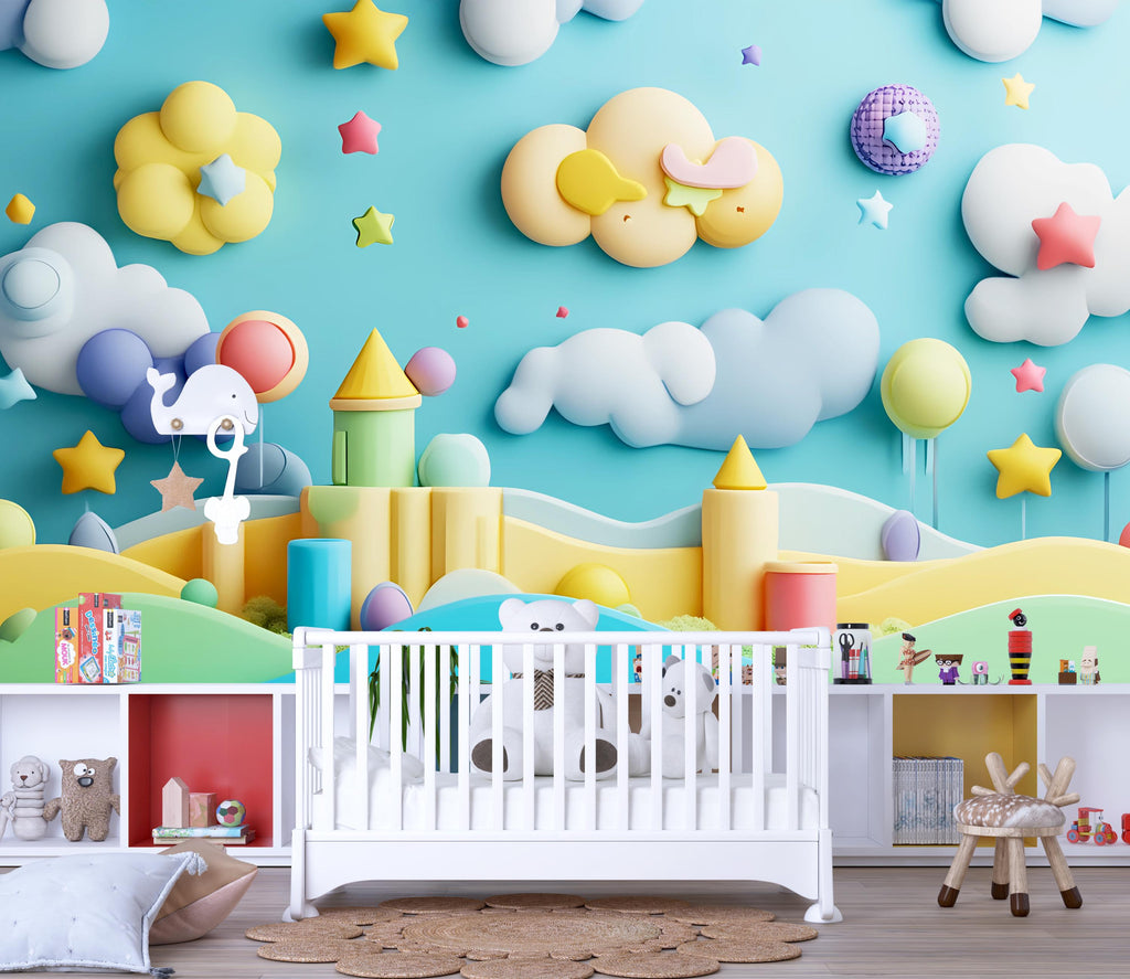 Fantasy Castle Wall Mural – 3D Pastel Kids Wallpaper – Magical Nursery Decor – Peel and Stick or Non-Woven Option
