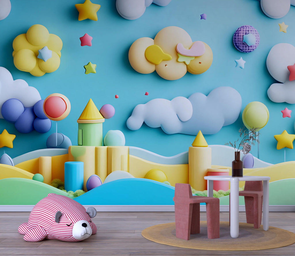 Fantasy Castle Wall Mural – 3D Pastel Kids Wallpaper – Magical Nursery Decor – Peel and Stick or Non-Woven Option