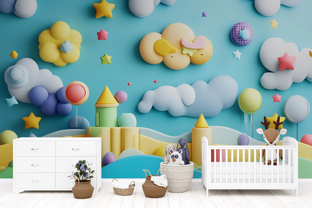 Fantasy Castle Wall Mural – 3D Pastel Kids Wallpaper – Magical Nursery Decor – Peel and Stick or Non-Woven Option