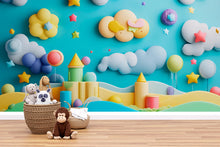 Load image into Gallery viewer, Fantasy Castle Wall Mural – 3D Pastel Kids Wallpaper – Magical Nursery Decor – Peel and Stick or Non-Woven Option