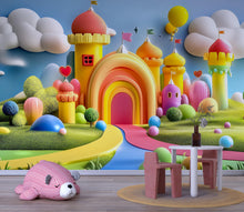 Load image into Gallery viewer, Rainbow Castle Wall Mural – Colorful Kids Wallpaper – 3D Fantasy Playroom Decor – Peel and Stick or Non-Woven Options