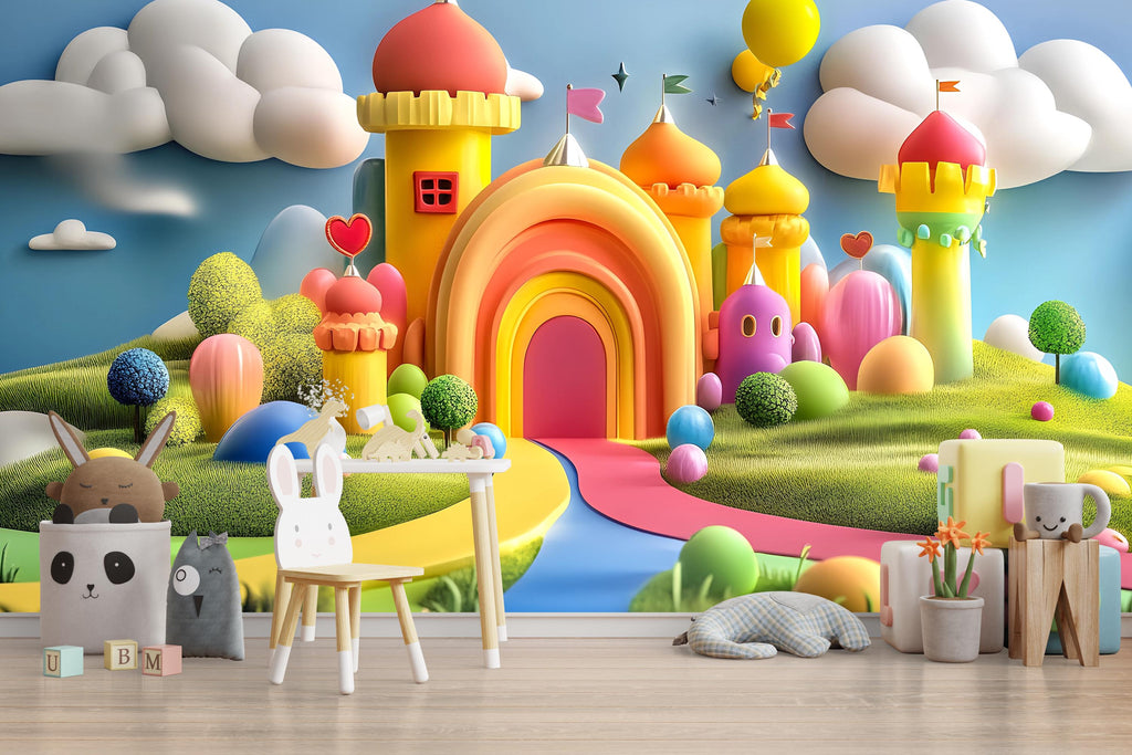 Rainbow Castle Wall Mural – Colorful Kids Wallpaper – 3D Fantasy Playroom Decor – Peel and Stick or Non-Woven Options