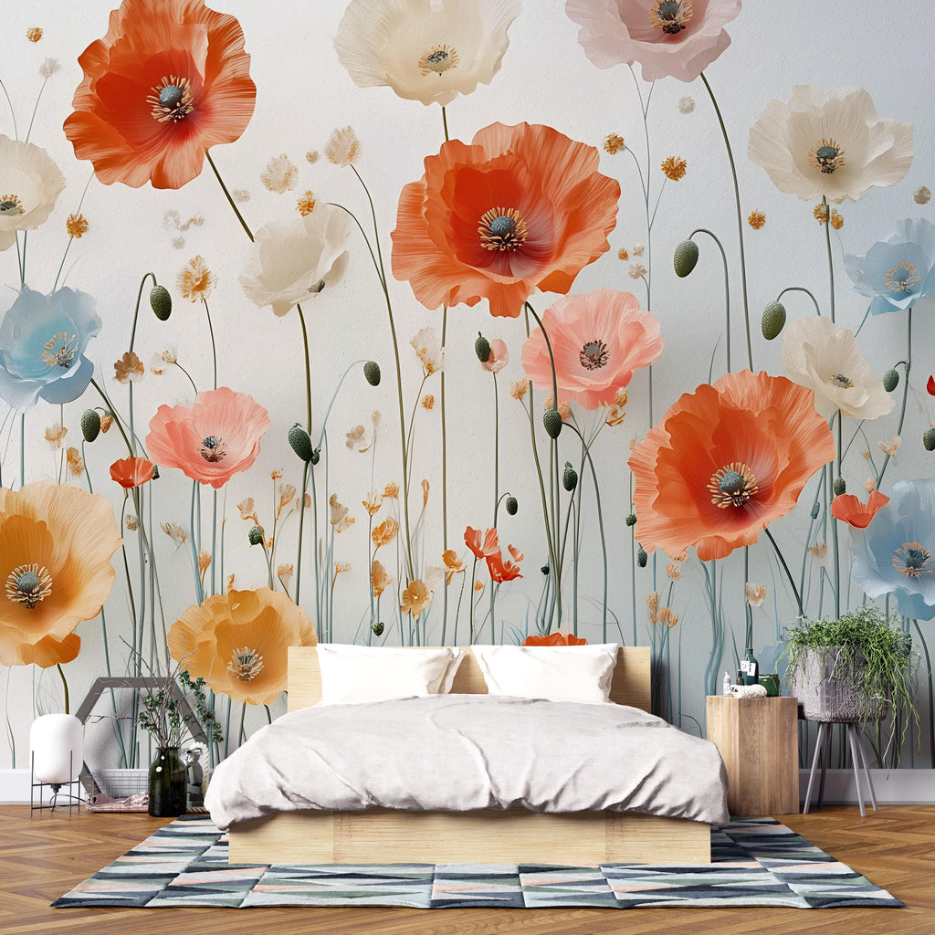 Poppy Flower Wall Mural – Elegant Floral Wallpaper for Bedroom or Living Room – Peel and Stick or Non-Woven – Custom Sizes