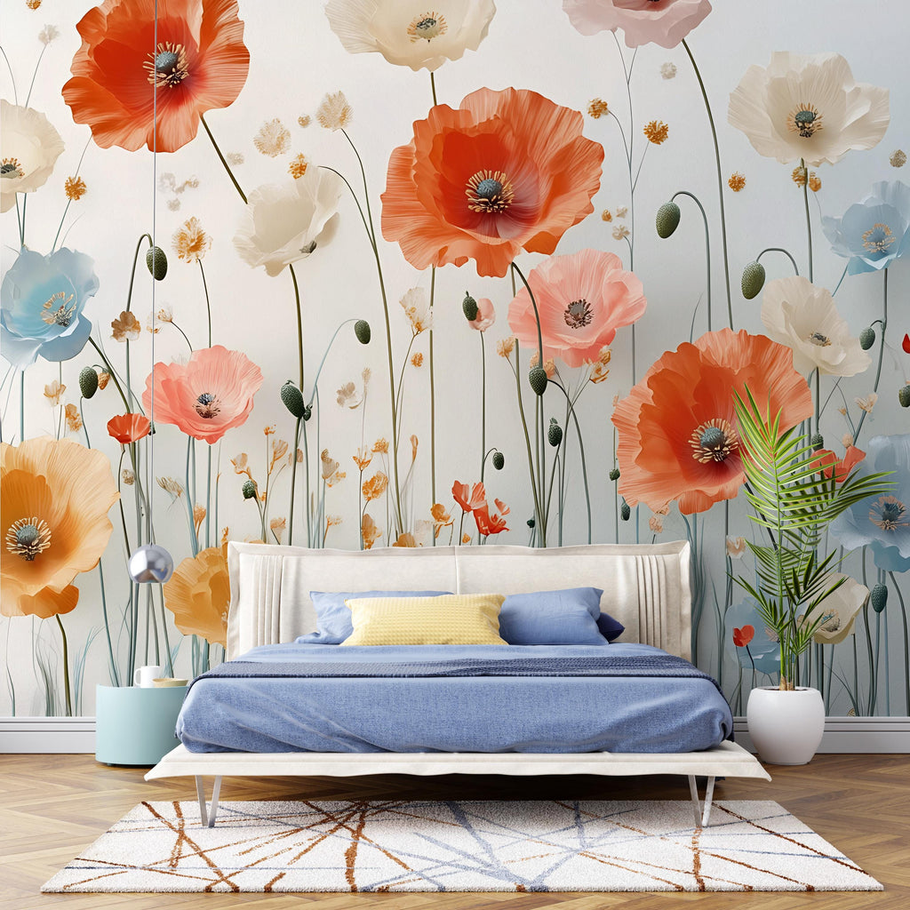 Poppy Flower Wall Mural – Elegant Floral Wallpaper for Bedroom or Living Room – Peel and Stick or Non-Woven – Custom Sizes