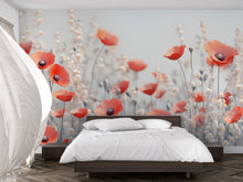 Load image into Gallery viewer, Red Poppy Wall Mural – Romantic Floral Wallpaper for Bedroom or Living Room, Soft Wildflower Bloom Design, Peel and Stick or Non-Woven