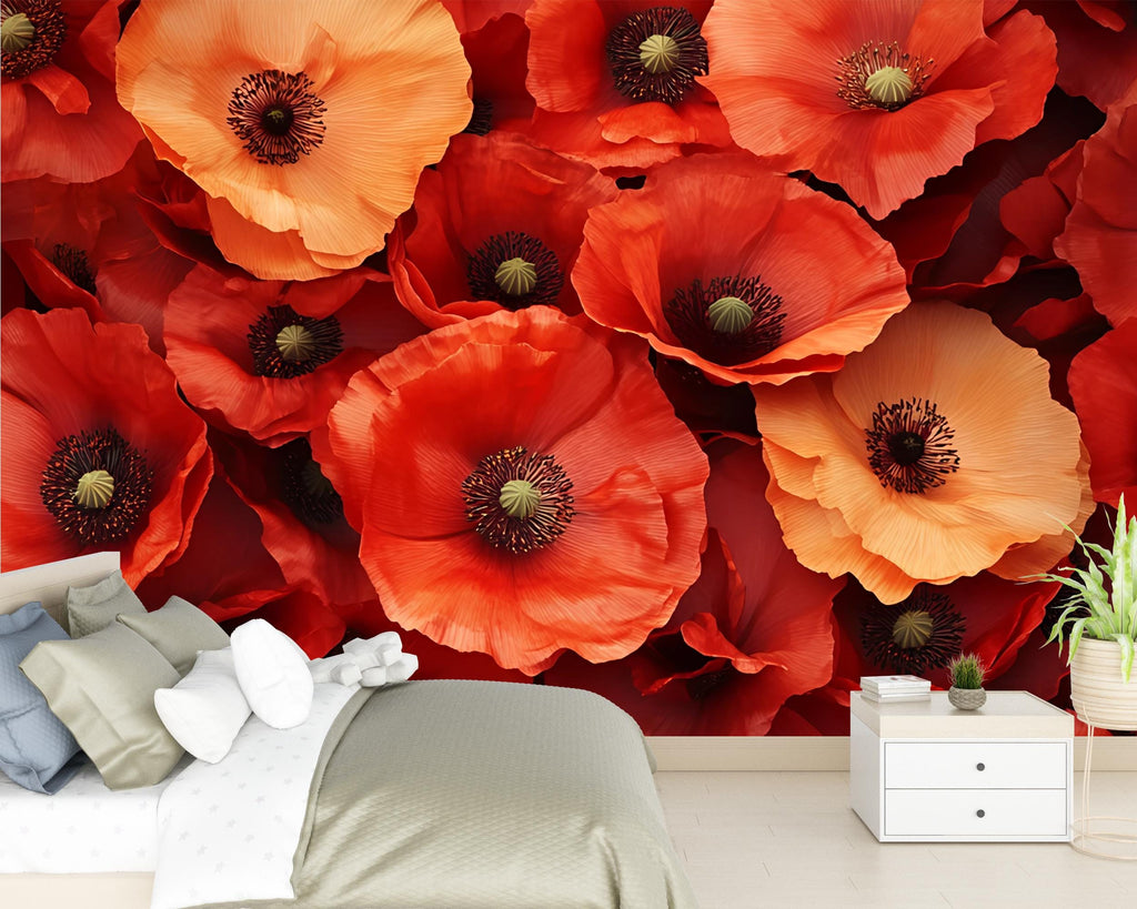 Red Poppy Flower Wall Mural – Bold Floral Wallpaper for Bedroom, 3D Bloom Design, Peel and Stick or Non-Woven Custom Wall Art