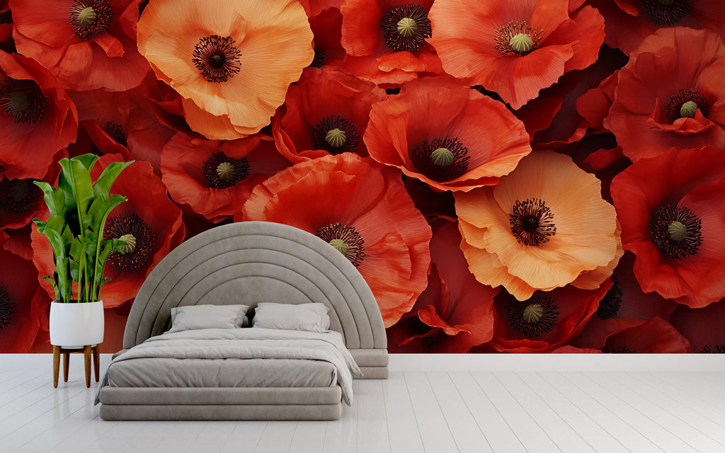 Red Poppy Flower Wall Mural – Bold Floral Wallpaper for Bedroom, 3D Bloom Design, Peel and Stick or Non-Woven Custom Wall Art
