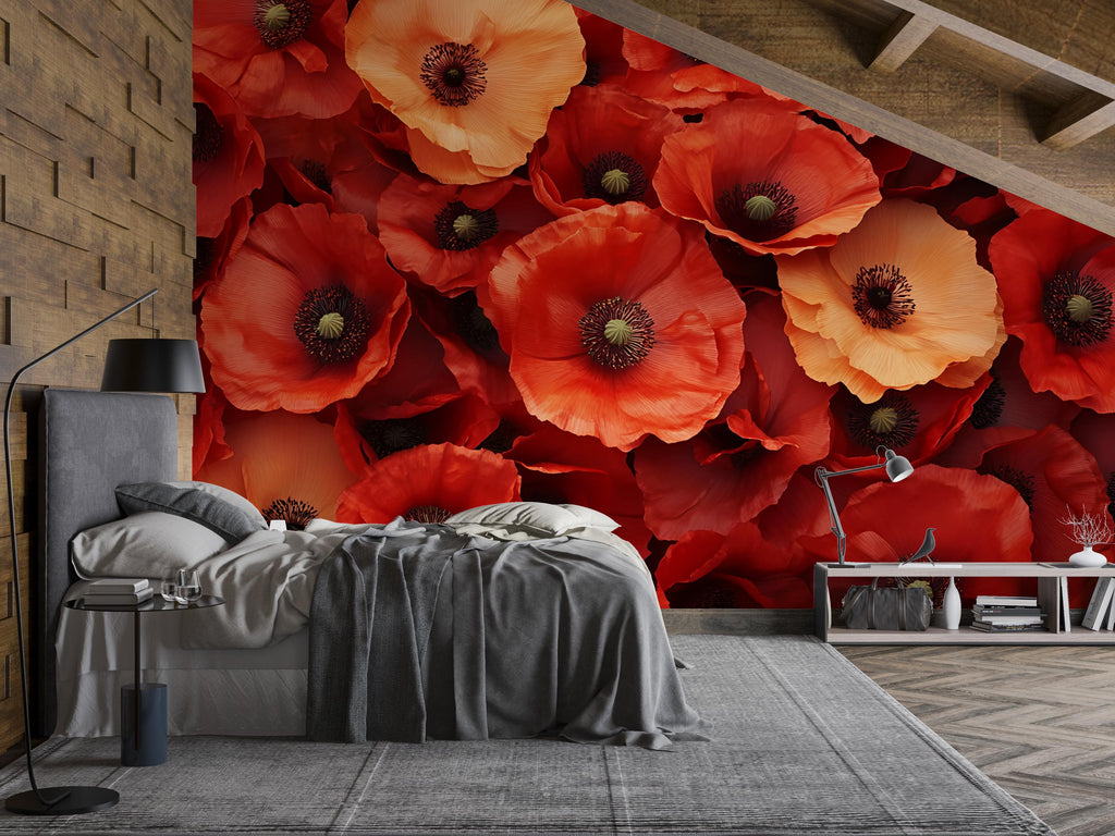 Red Poppy Flower Wall Mural – Bold Floral Wallpaper for Bedroom, 3D Bloom Design, Peel and Stick or Non-Woven Custom Wall Art