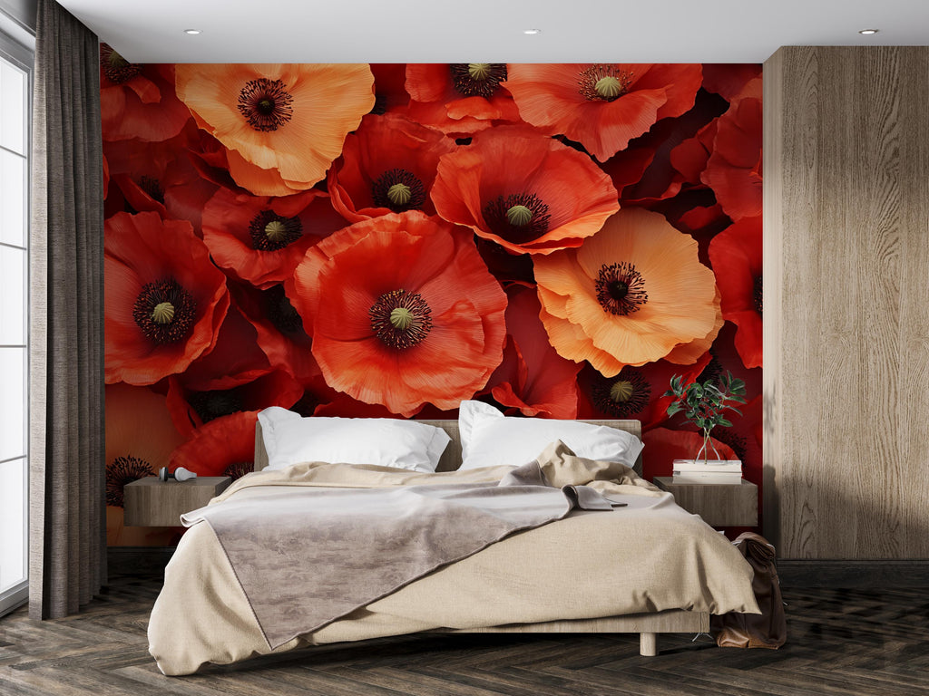 Red Poppy Flower Wall Mural – Bold Floral Wallpaper for Bedroom, 3D Bloom Design, Peel and Stick or Non-Woven Custom Wall Art