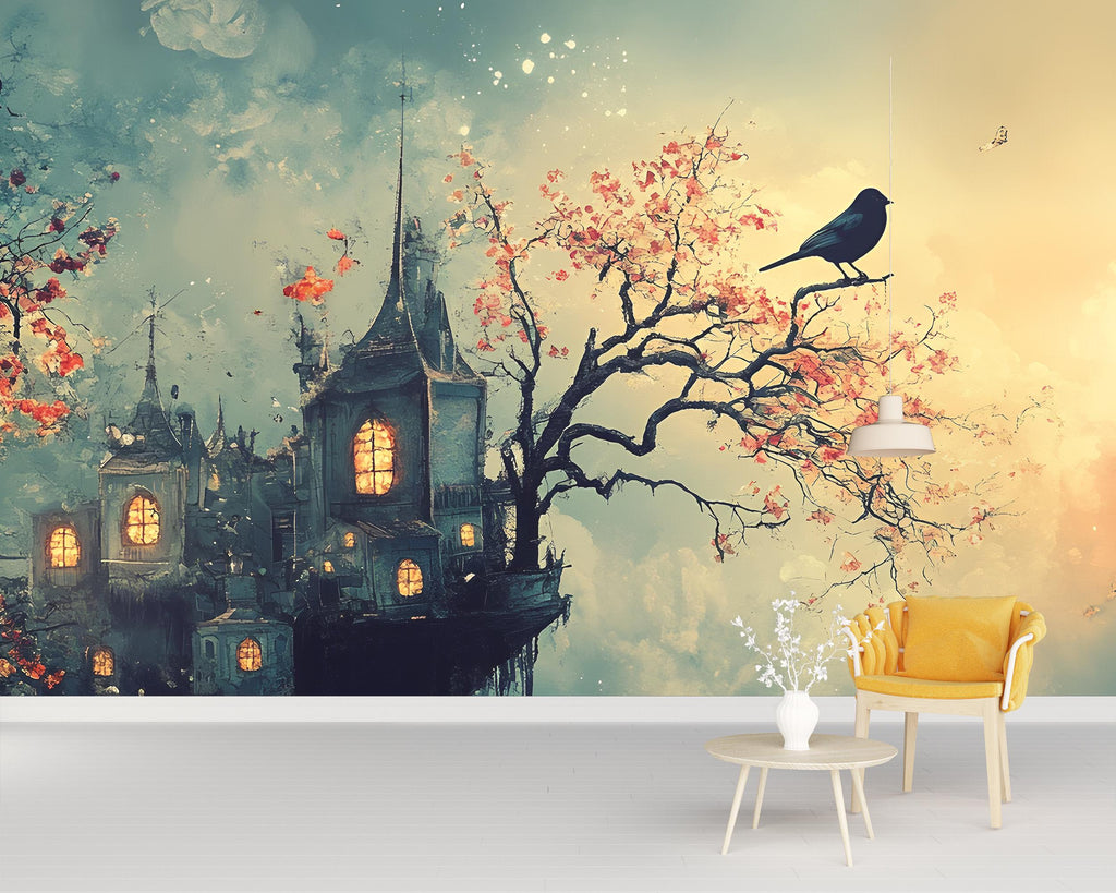Magical Castle Wallpaper – Fantasy Peel and Stick Mural, Whimsical Bird Wallpaper, Medieval Magic Wall Art, Moody Wallpaper
