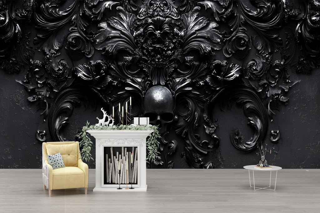 Gothic Skull Wallpaper – Fantasy Peel and Stick Mural, Whimsical Skull Wallpaper, Medieval Skull Wall Art, Moody Wallpaper