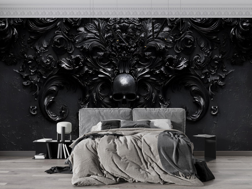 Gothic Skull Wallpaper – Fantasy Peel and Stick Mural, Whimsical Skull Wallpaper, Medieval Skull Wall Art, Moody Wallpaper