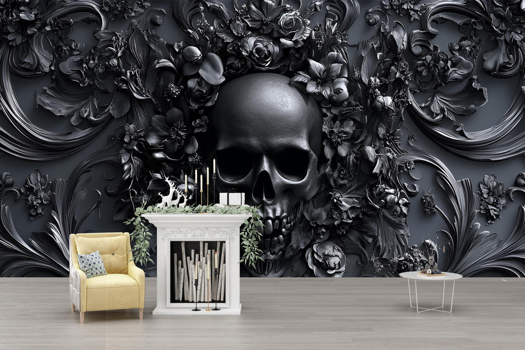 Moody Skull Wallpaper – Gothic Peel and Stick Wall Mural, Medieval Fantasy Decor