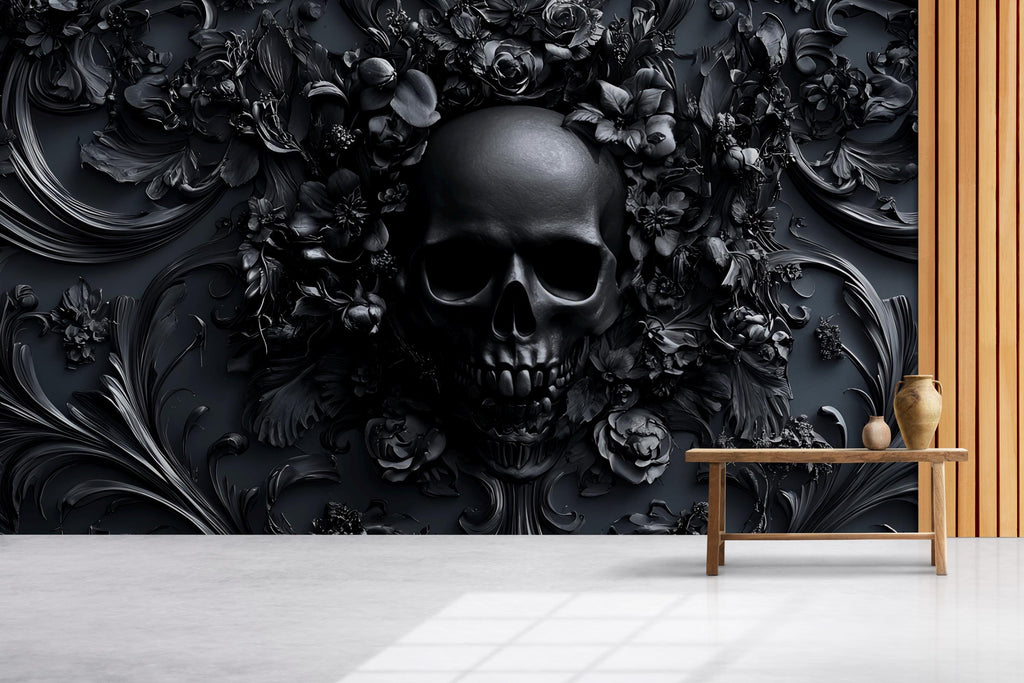 Moody Skull Wallpaper – Gothic Peel and Stick Wall Mural, Medieval Fantasy Decor