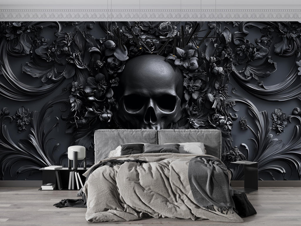 Moody Skull Wallpaper – Gothic Peel and Stick Wall Mural, Medieval Fantasy Decor