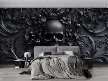 Load image into Gallery viewer, Moody Skull Wallpaper – Gothic Peel and Stick Wall Mural, Medieval Fantasy Decor