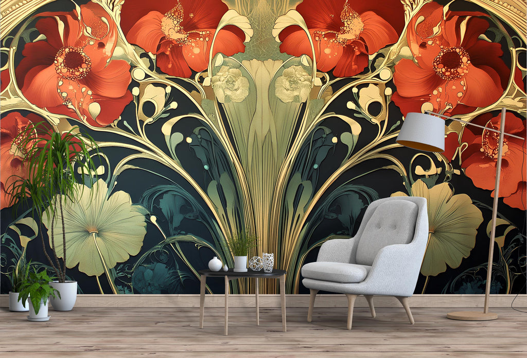 Art Nouveau Wallpaper / Peel and Stick Ornamental Vintage Wallpaper / Floral Nouveau Wallpaper / Botanical Wallpaper, Modern Style Wallpaper