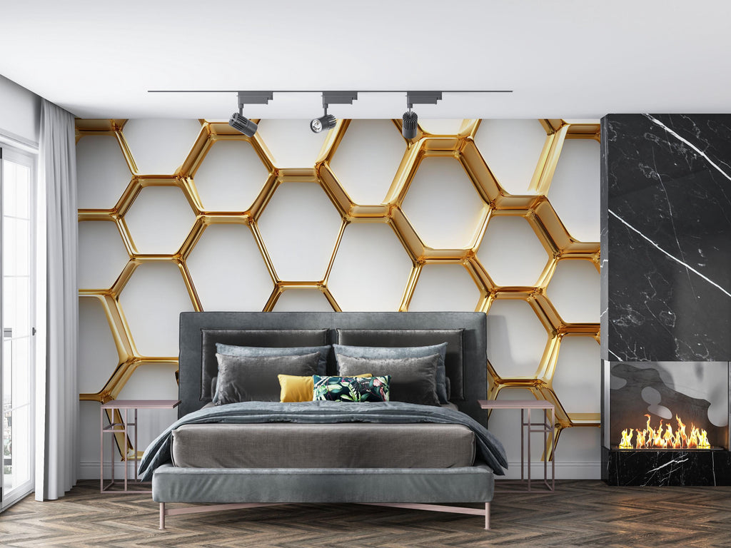 3D Honeycomb Wallpaper / Luxe Gold Wallpaper / Modern Wallpaper / Metallic Honeycomb Wallpaper / Gold Geometric Wallpaper